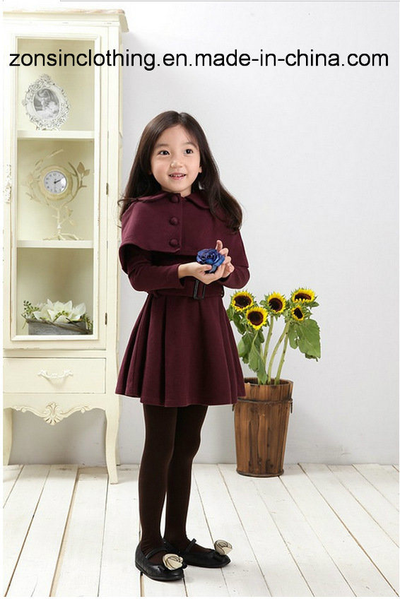 Girls′ Woollen Coat Children Clothes with Detachable Shawl