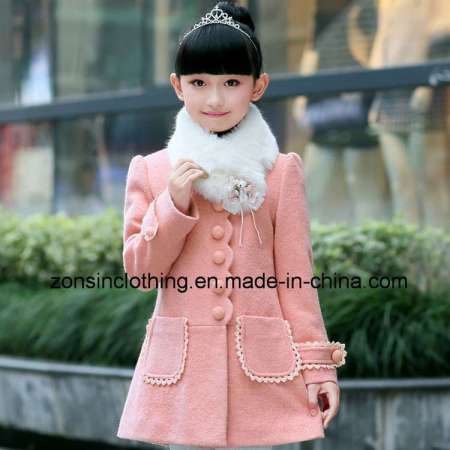 Girls′ Woollen Coat Children Clothes with Detachable Fur Collar